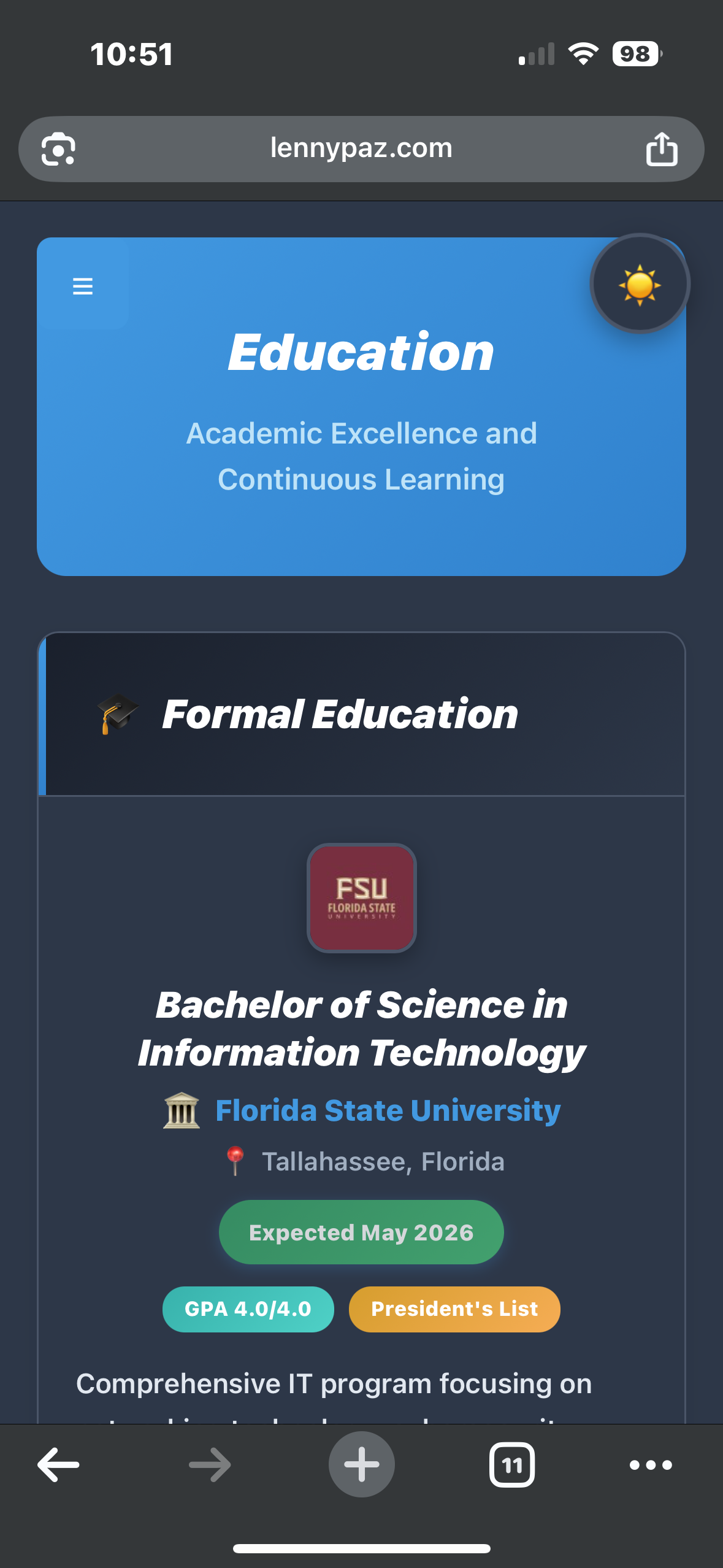 Dark mode view of Education tab on Interactive Resume