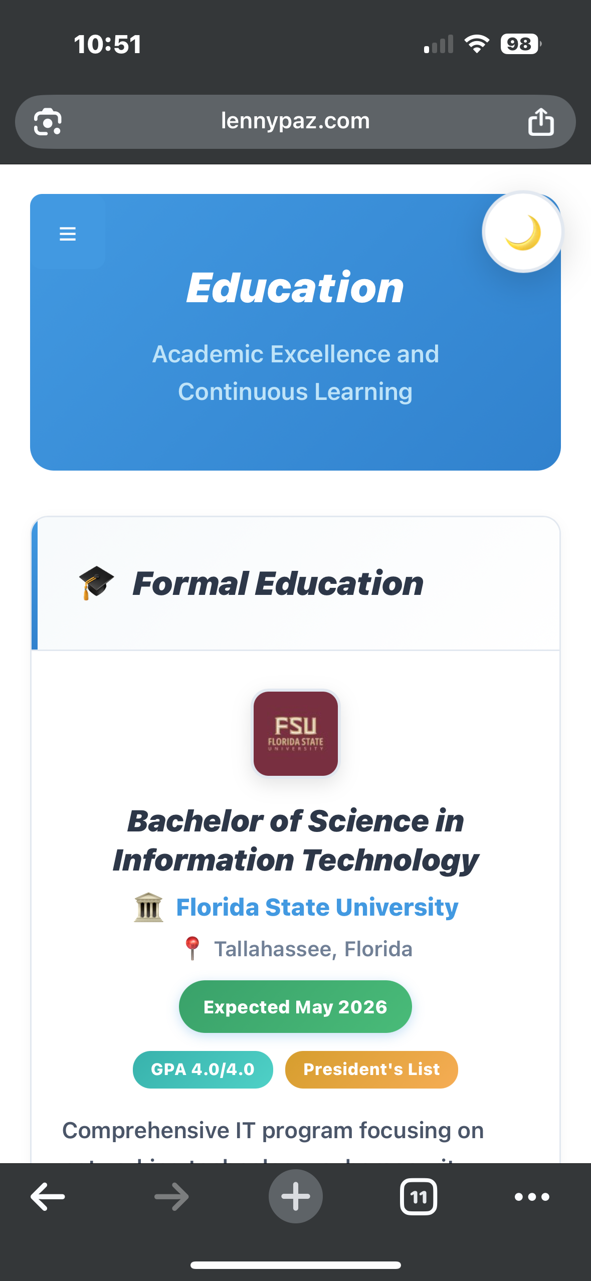 Light mode view of Education tab on Interactive Resume